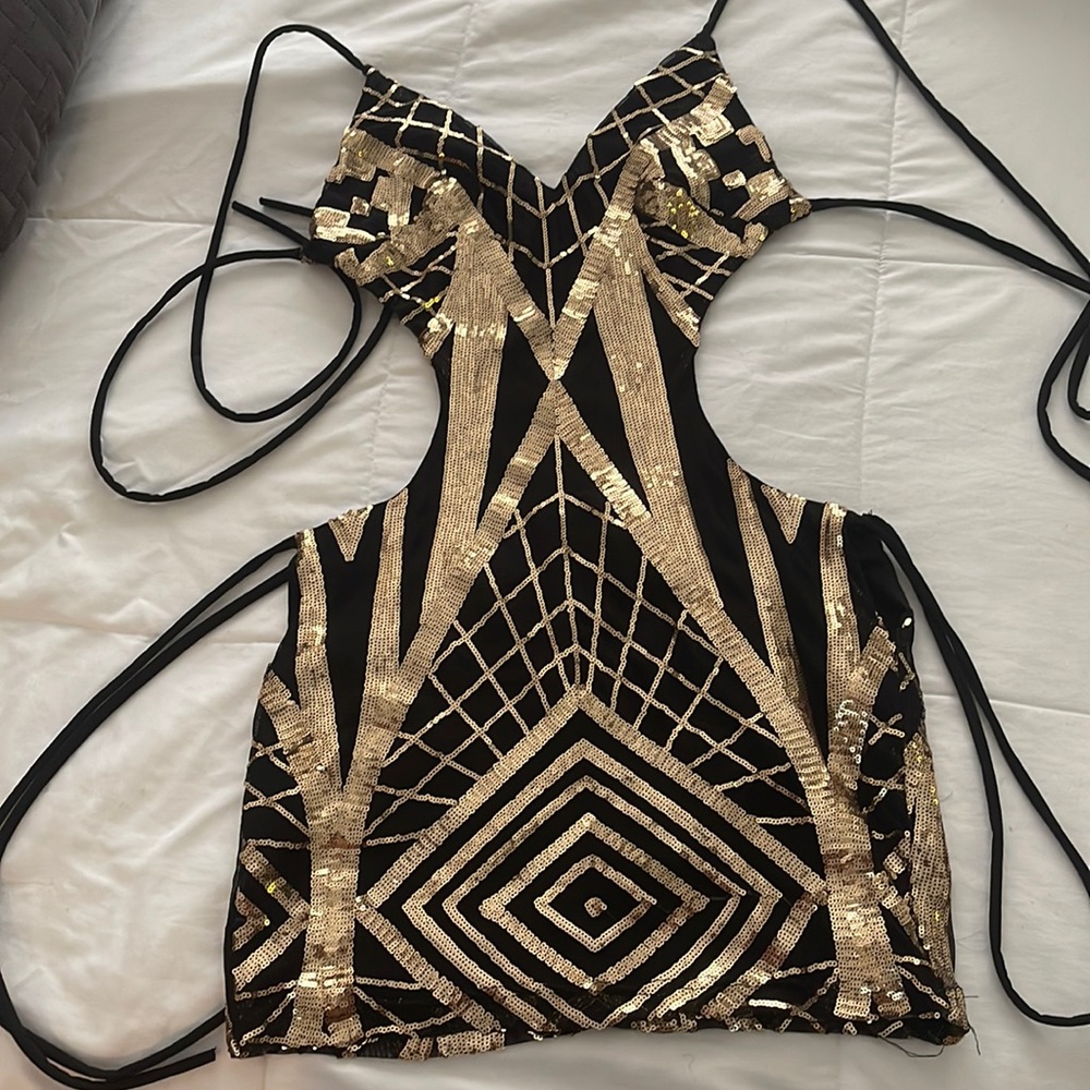 Gold & black backless cutout mini dress